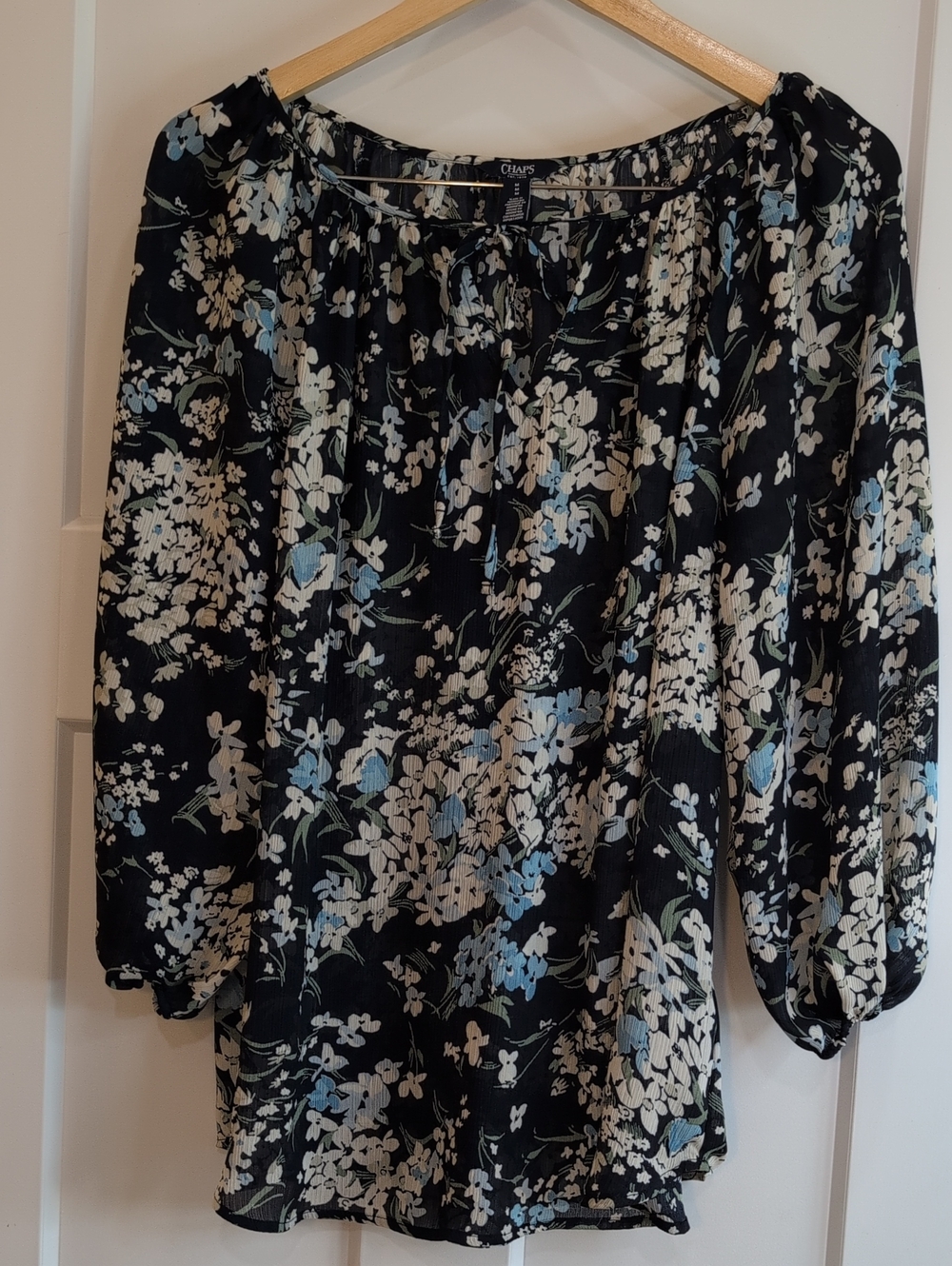 Chaps Navy Floral Peasant Blouse with Blue & Cream Flowers